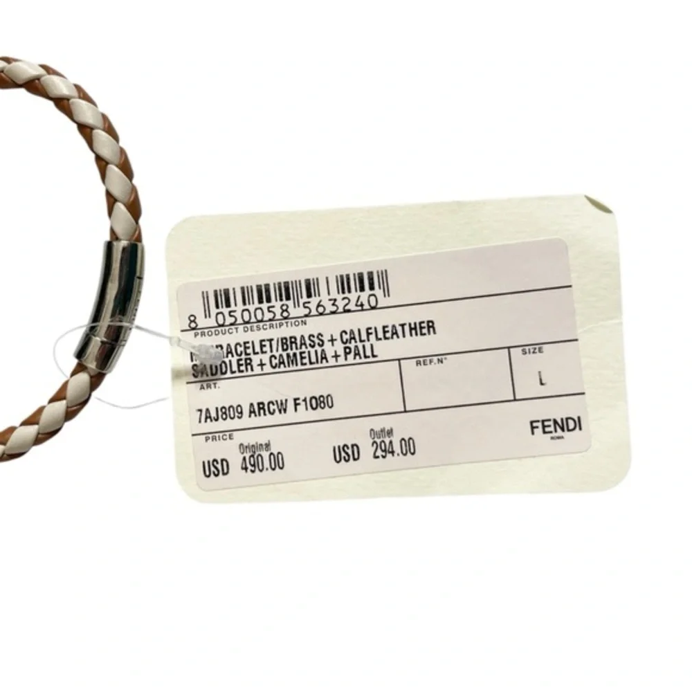 Fendi NWT Braided‎ Leather Bracelet Large Saddle Camelia Palladium Clasp